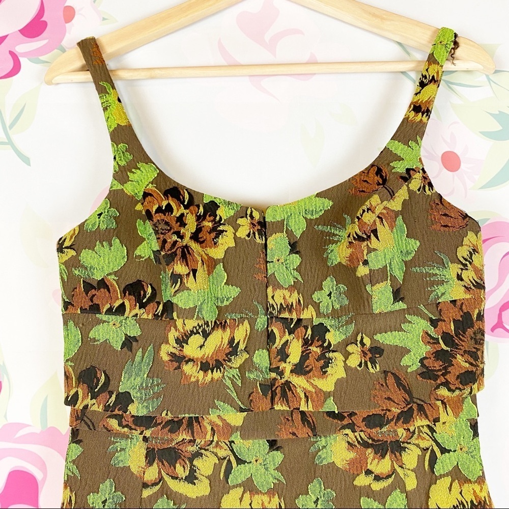 Anthropologie Moulinette Souers Floral Green Brown Bodycon Y2K Mini Dress 2 - Picture 3 of 11